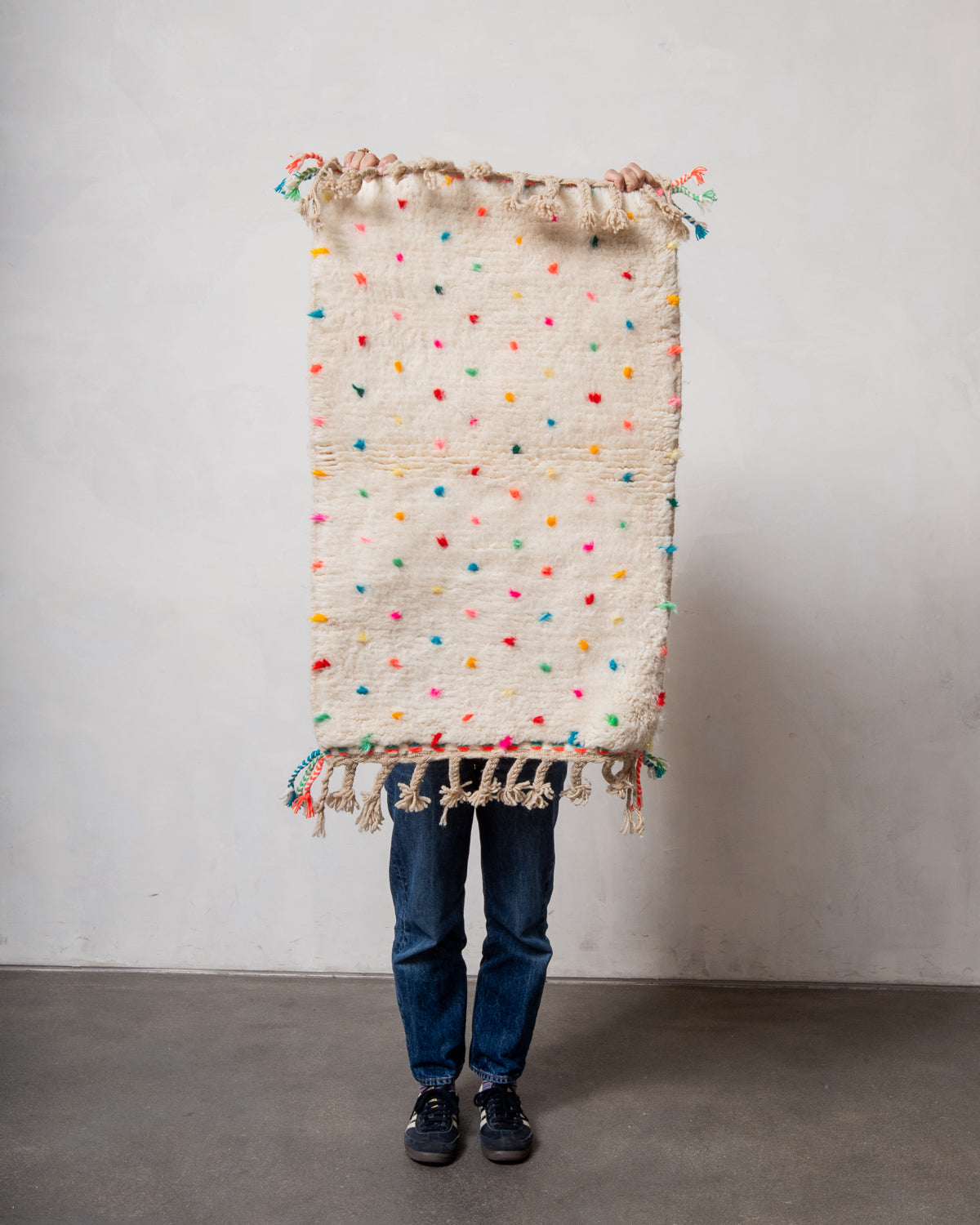 Modern, designer, handcrafted Berber rug from Morocco. Beniourain carpet with beautiful colours and patterns and fluffy wool texture.